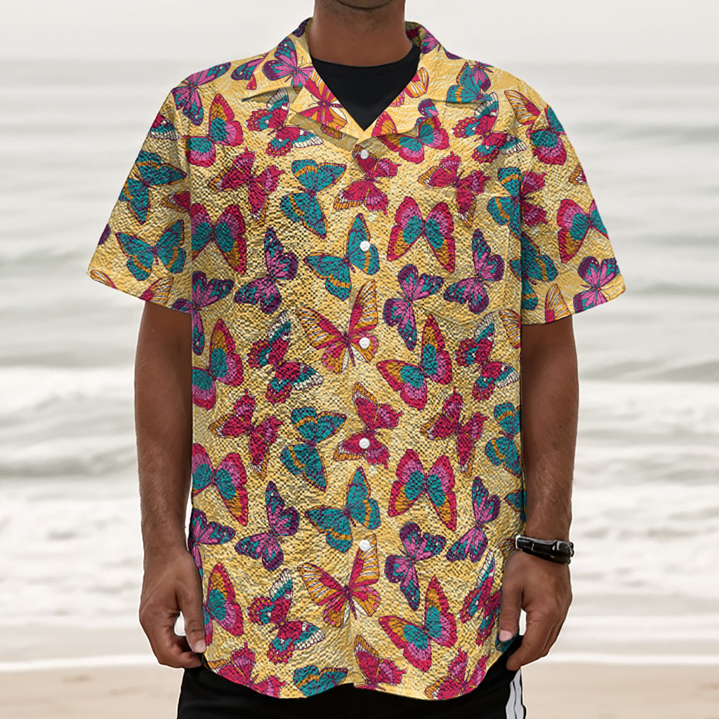 Retro Colorful Butterfly Pattern Print Textured Short Sleeve Shirt