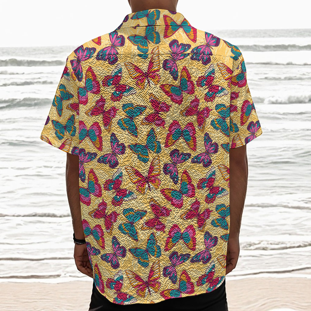 Retro Colorful Butterfly Pattern Print Textured Short Sleeve Shirt