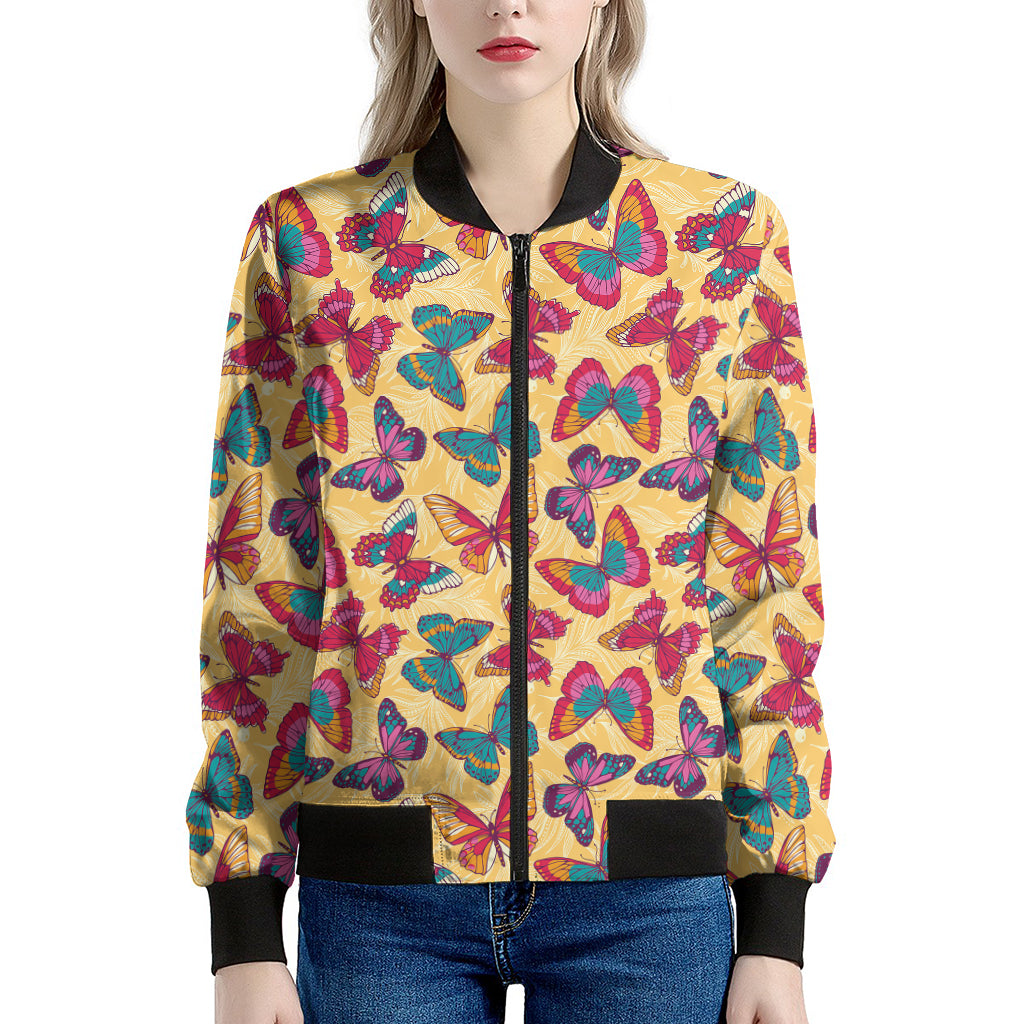 Retro Colorful Butterfly Pattern Print Women's Bomber Jacket