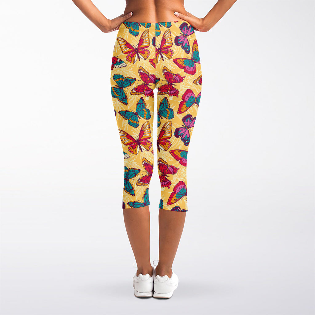 Retro Colorful Butterfly Pattern Print Women's Capri Leggings