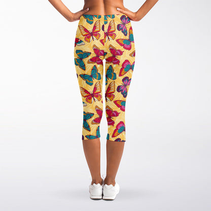 Retro Colorful Butterfly Pattern Print Women's Capri Leggings