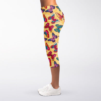 Retro Colorful Butterfly Pattern Print Women's Capri Leggings