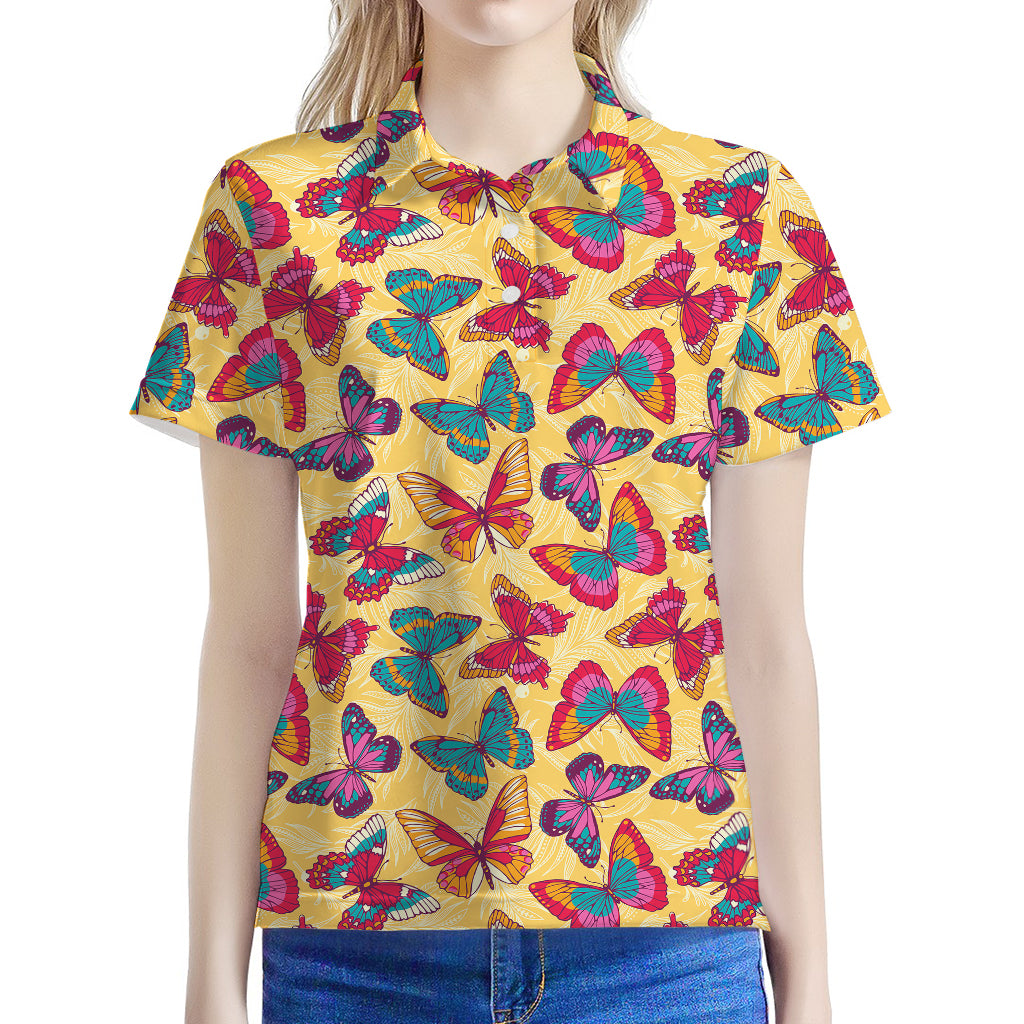 Retro Colorful Butterfly Pattern Print Women's Polo Shirt