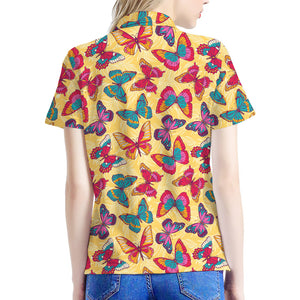 Retro Colorful Butterfly Pattern Print Women's Polo Shirt