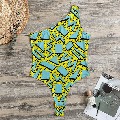 Retro Funky Pattern Print One Shoulder Bodysuit