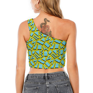 Retro Funky Pattern Print One Shoulder Crop Top