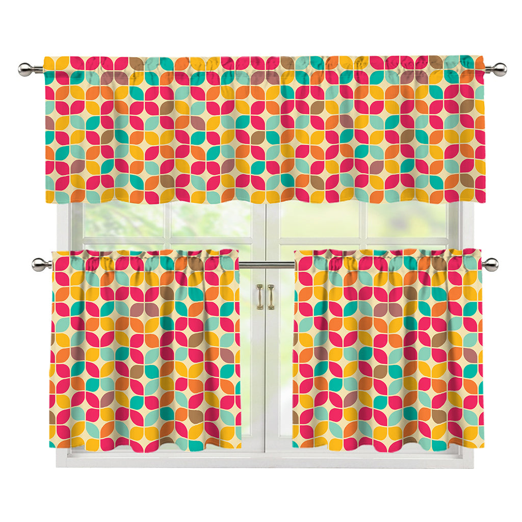 Retro Geometric Rounded Square Print 3 Piece Kitchen Curtains