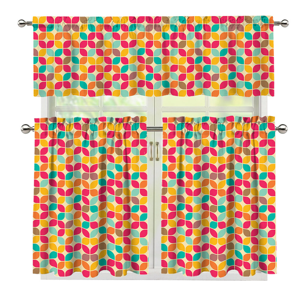 Retro Geometric Rounded Square Print 3 Piece Kitchen Curtains