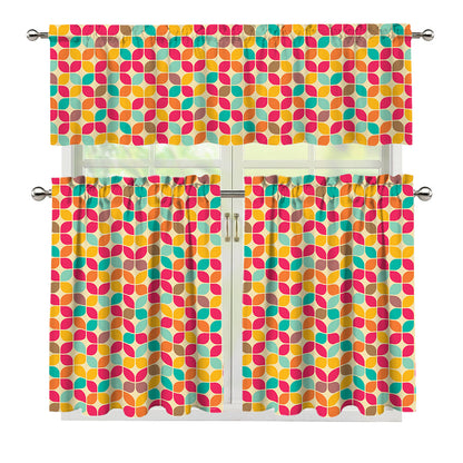 Retro Geometric Rounded Square Print 3 Piece Kitchen Curtains