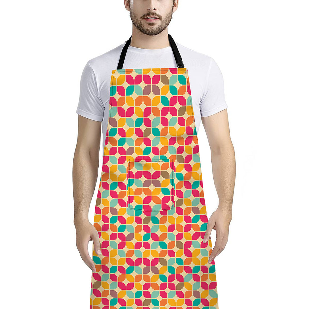 Retro Geometric Rounded Square Print Bib Apron With Pocket