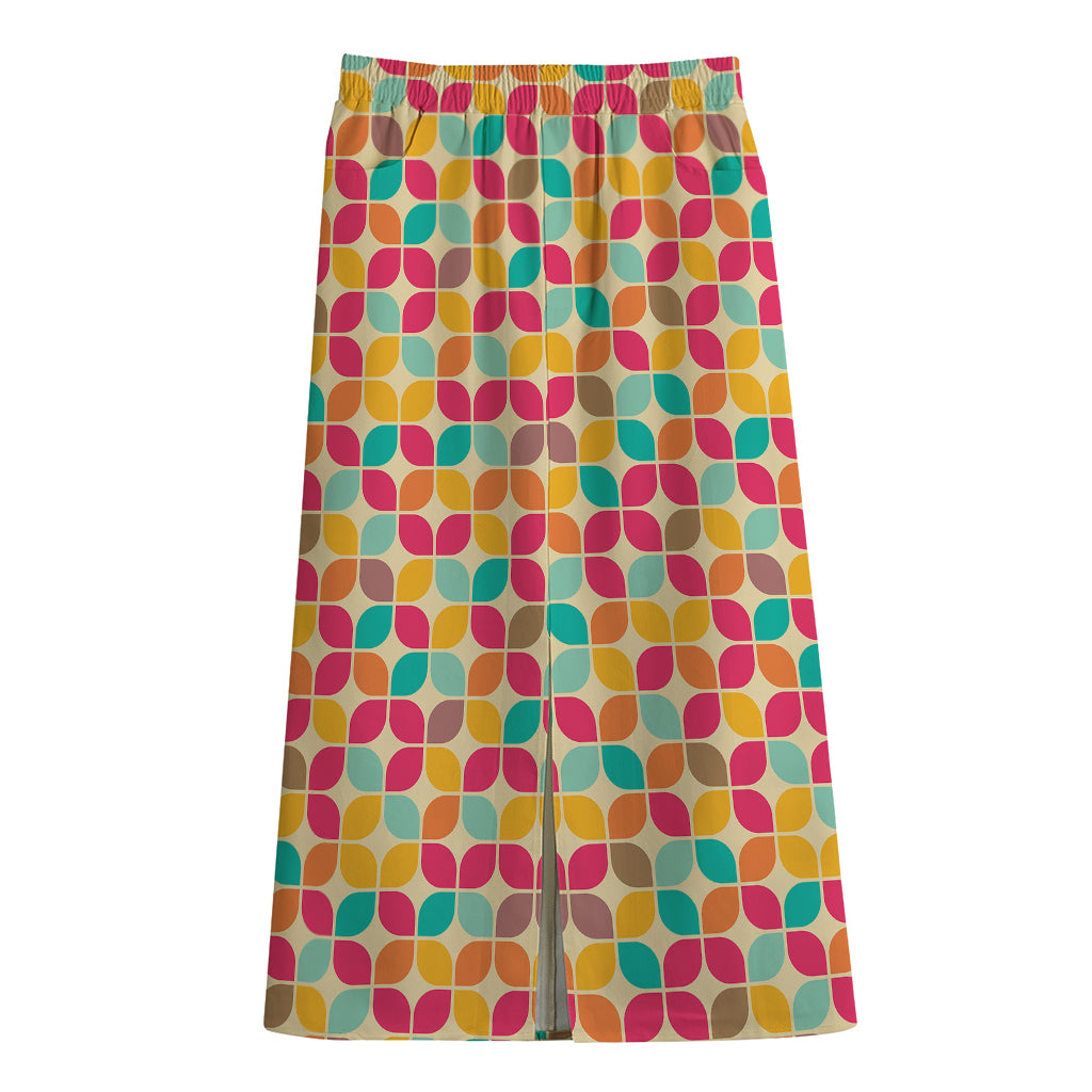 Retro Geometric Rounded Square Print Cotton Front Slit Maxi Skirt