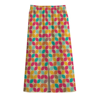 Retro Geometric Rounded Square Print Cotton Front Slit Maxi Skirt