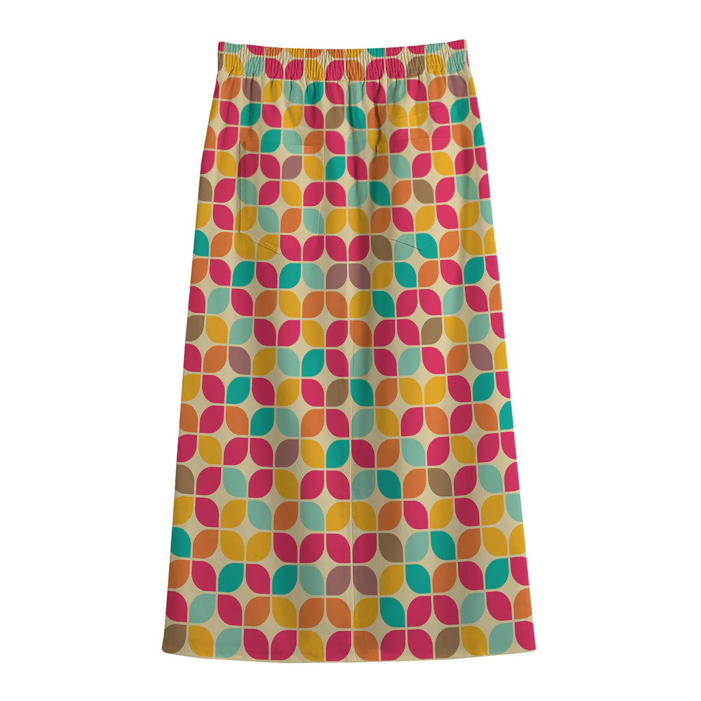 Retro Geometric Rounded Square Print Cotton Front Slit Maxi Skirt