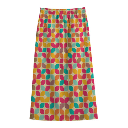 Retro Geometric Rounded Square Print Cotton Front Slit Maxi Skirt