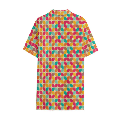 Retro Geometric Rounded Square Print Cotton Hawaiian Shirt