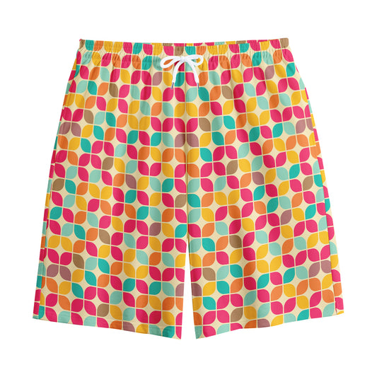 Retro Geometric Rounded Square Print Cotton Shorts