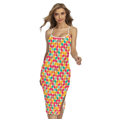 Retro Geometric Rounded Square Print Cross Back Cami Dress