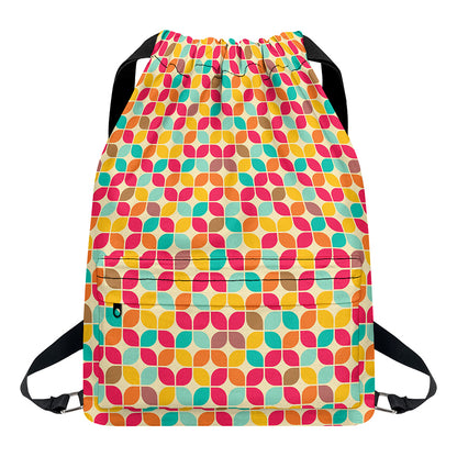 Retro Geometric Rounded Square Print Drawstring Backpack