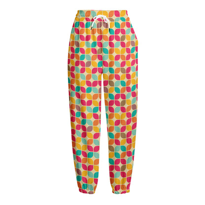 Retro Geometric Rounded Square Print Fleece Lined Knit Pants