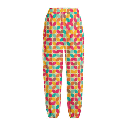 Retro Geometric Rounded Square Print Fleece Lined Knit Pants