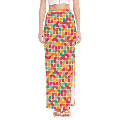 Retro Geometric Rounded Square Print High Slit Maxi Skirt
