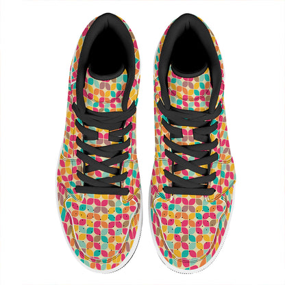 Retro Geometric Rounded Square Print High Top Leather Sneakers