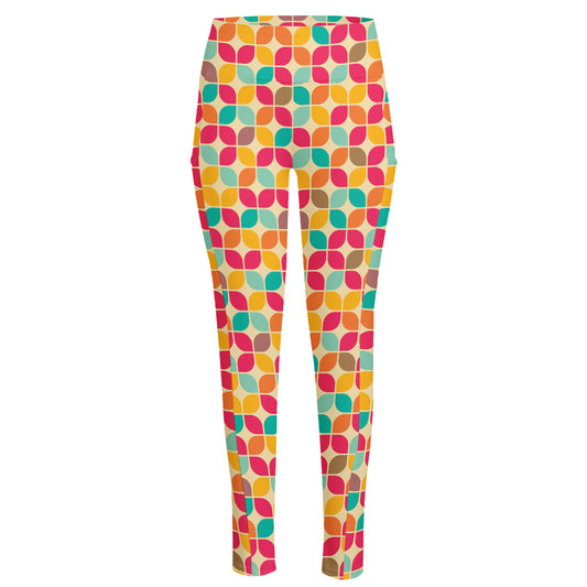 Retro Geometric Rounded Square Print High-Waisted Pocket Leggings