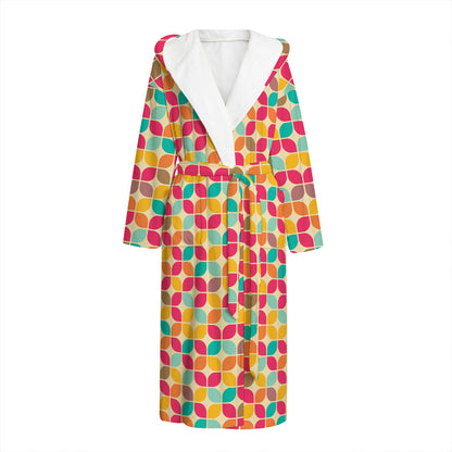 Retro Geometric Rounded Square Print Hooded Bathrobe