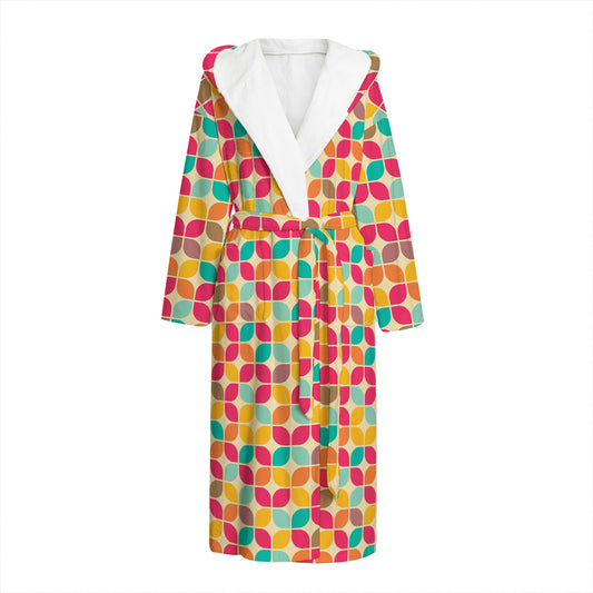 Retro Geometric Rounded Square Print Hooded Bathrobe