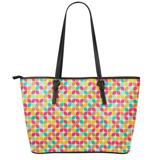 Retro Geometric Rounded Square Print Leather Tote Bag