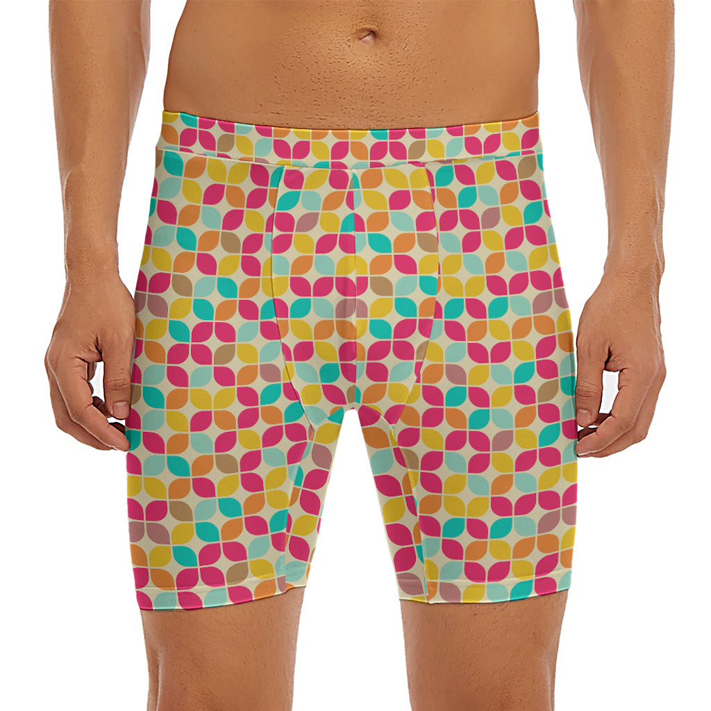 Retro Geometric Rounded Square Print Men's Long Boxer Briefs