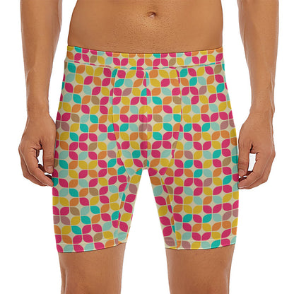 Retro Geometric Rounded Square Print Men's Long Boxer Briefs