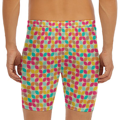 Retro Geometric Rounded Square Print Men's Long Boxer Briefs