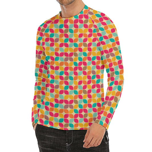Retro Geometric Rounded Square Print Men's Long Sleeve Rash Guard