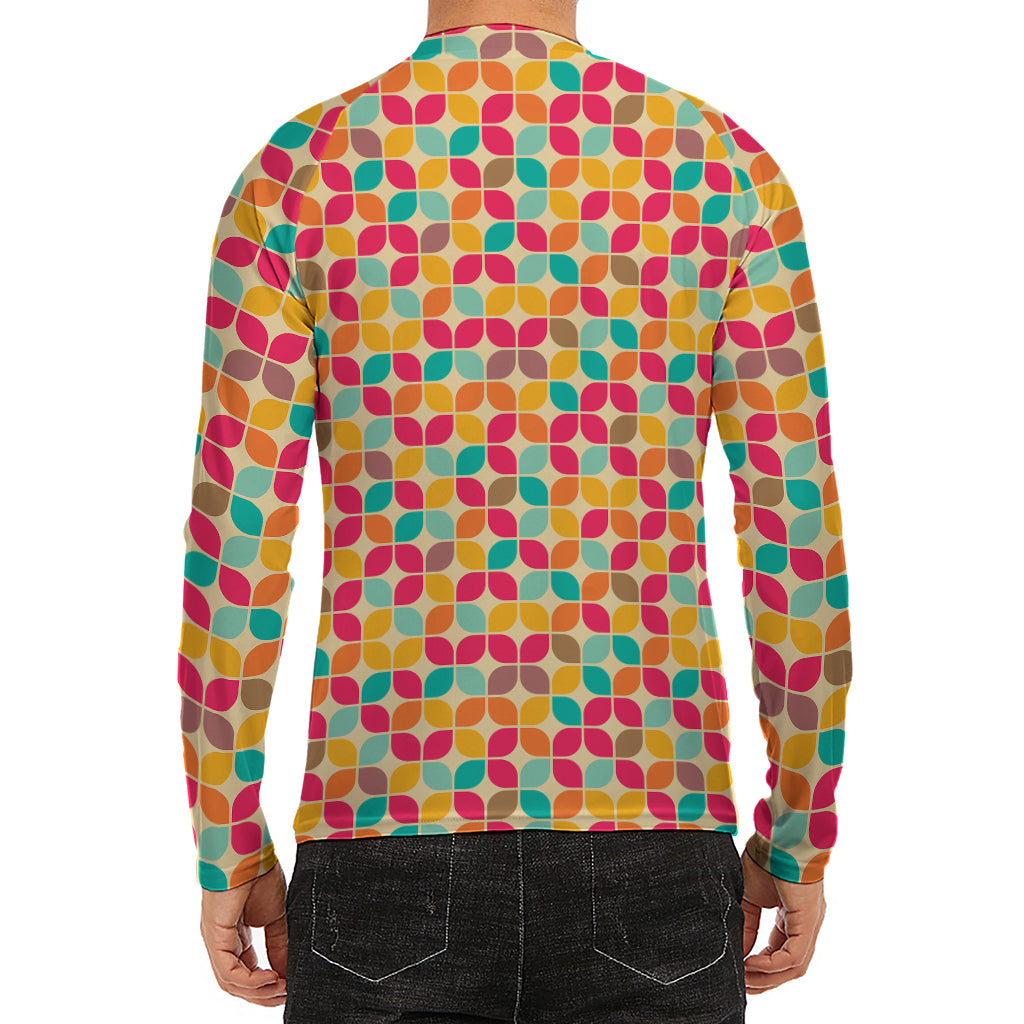 Retro Geometric Rounded Square Print Men's Long Sleeve Rash Guard