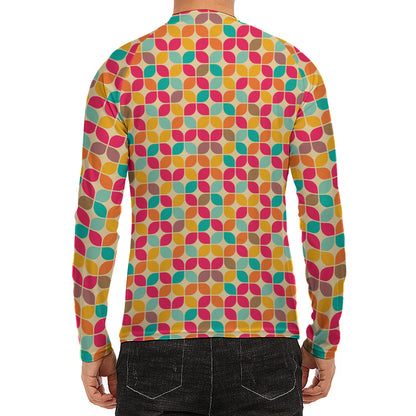 Retro Geometric Rounded Square Print Men's Long Sleeve Rash Guard