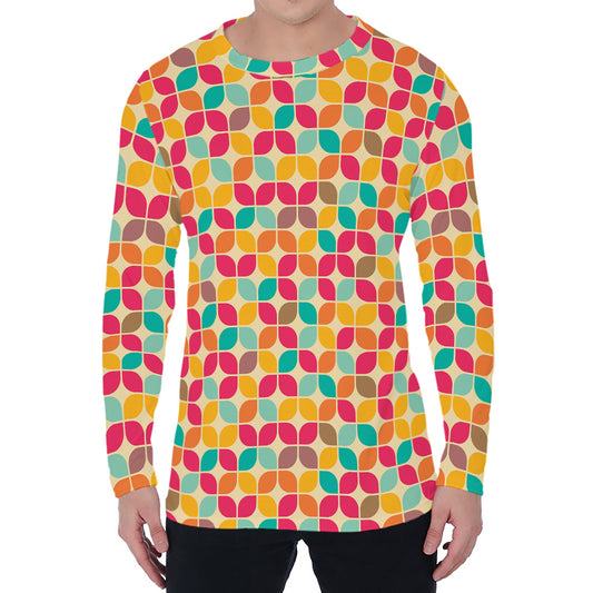 Retro Geometric Rounded Square Print Men's Long Sleeve T-Shirt