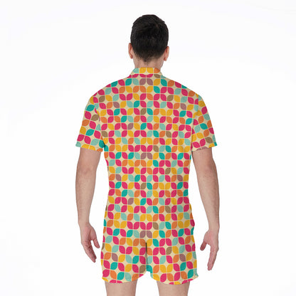 Retro Geometric Rounded Square Print Men's Rompers
