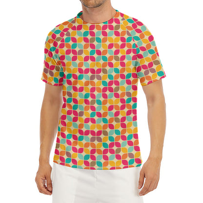 Retro Geometric Rounded Square Print Men's Short Sleeve Rash Guard