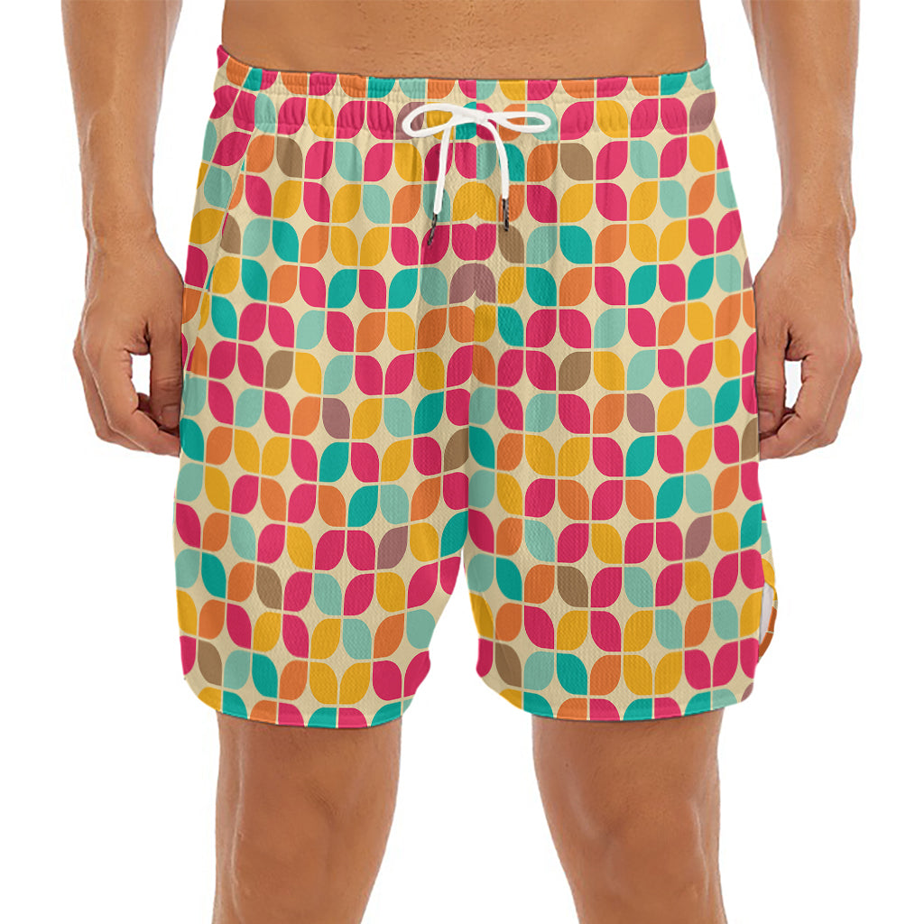Retro Geometric Rounded Square Print Men's Split Running Shorts