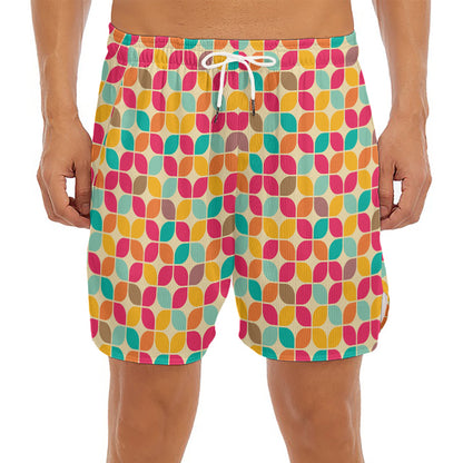 Retro Geometric Rounded Square Print Men's Split Running Shorts