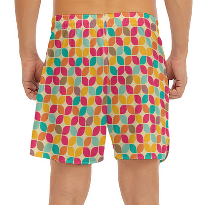 Retro Geometric Rounded Square Print Men's Split Running Shorts