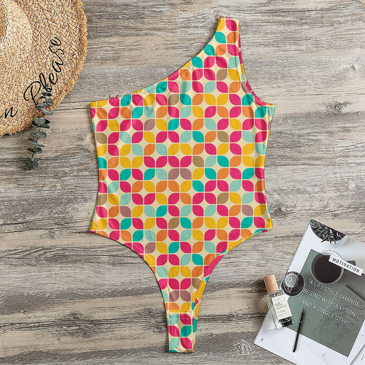 Retro Geometric Rounded Square Print One Shoulder Bodysuit