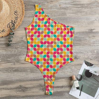 Retro Geometric Rounded Square Print One Shoulder Bodysuit
