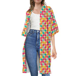 Retro Geometric Rounded Square Print Open Front Beach Cover Up
