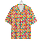 Retro Geometric Rounded Square Print Rayon Hawaiian Shirt