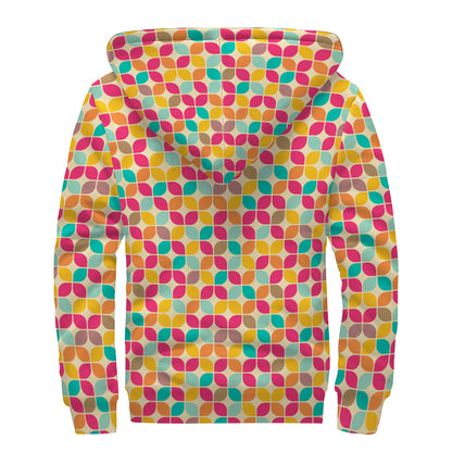 Retro Geometric Rounded Square Print Sherpa Lined Zip Up Hoodie