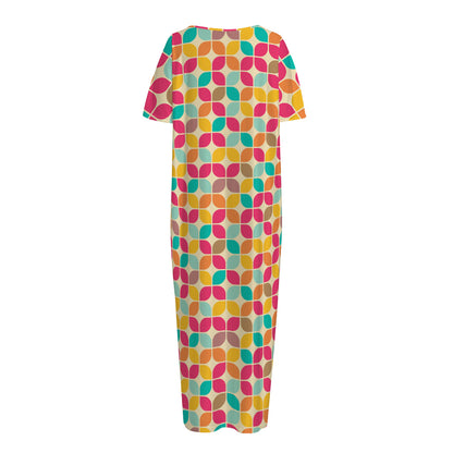 Retro Geometric Rounded Square Print Short Sleeve Long Nightdress