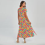 Retro Geometric Rounded Square Print Short Sleeve Maxi Dress