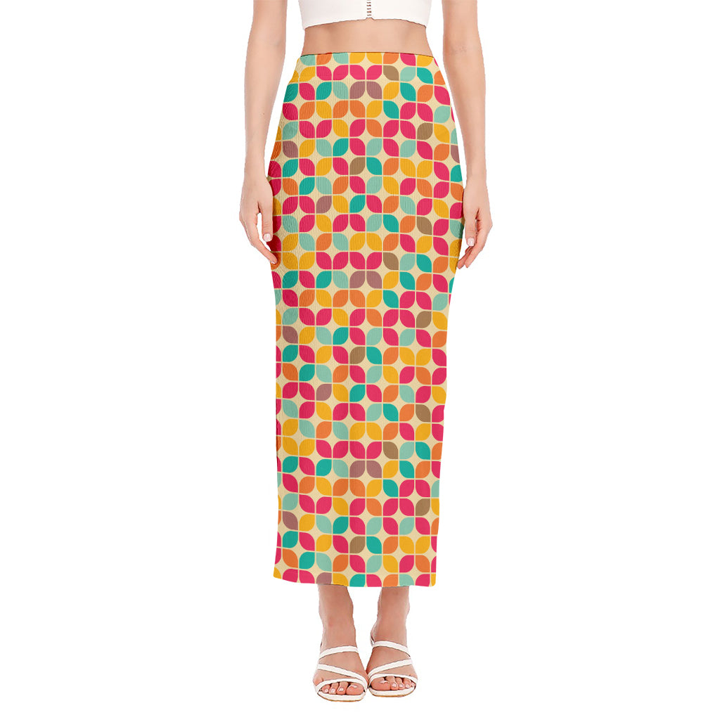 Retro Geometric Rounded Square Print Side Slit Maxi Skirt